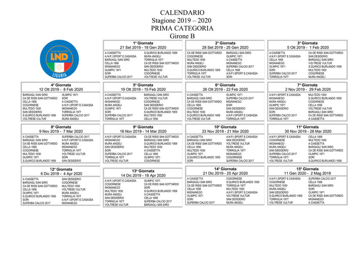 PRIMA CATEGORIA GIRONE B Il nuovo calendario