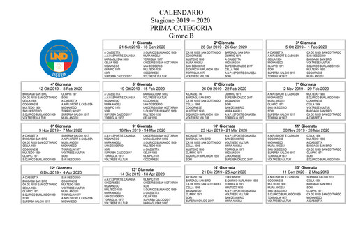 PRIMA CATEGORIA GIRONE B Il nuovo calendario