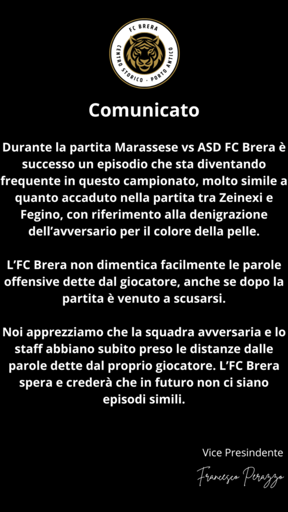 TERZA CATEGORIA Comunicato stampa dell' FC  Brera