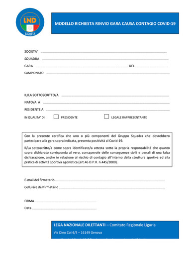 EMERGENZA COVID Rinviate altre 14 partite. Pubblicato un modello unico per la richiesta di rinvio causa Covid