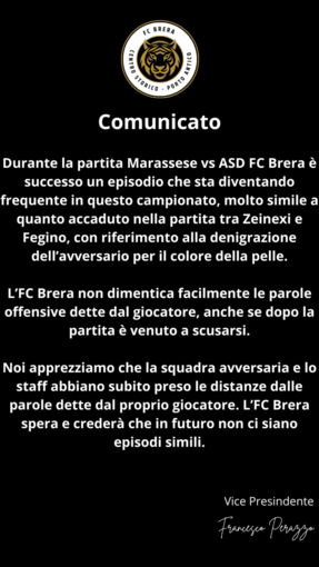 TERZA CATEGORIA Comunicato stampa dell' FC  Brera