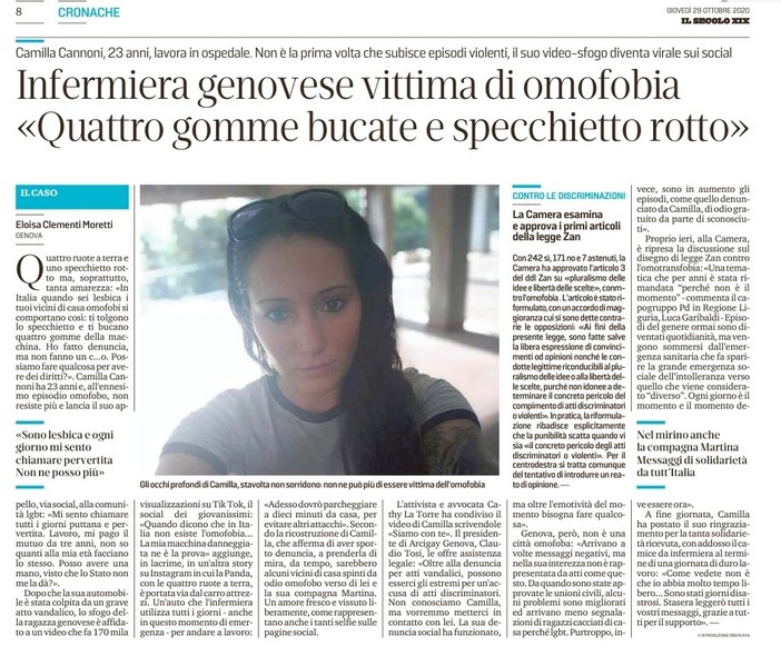 L'articolo del Secolo XIX sulla vicenda di Camilla Cannoni