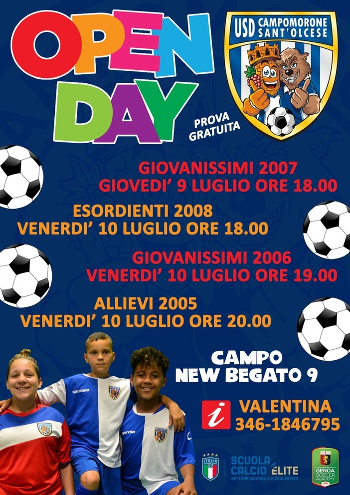 CAMPOMORONE Giovedi e venerdi gli open day per i 2005, 2006, 2007 e 2008