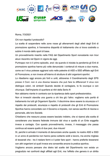 COMUNICATO CONGIUNTO DEGLI ENTI DI PROMOZIONE SPORTIVA