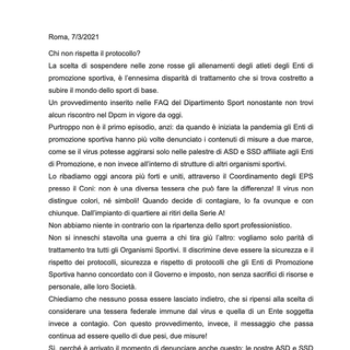 COMUNICATO CONGIUNTO DEGLI ENTI DI PROMOZIONE SPORTIVA