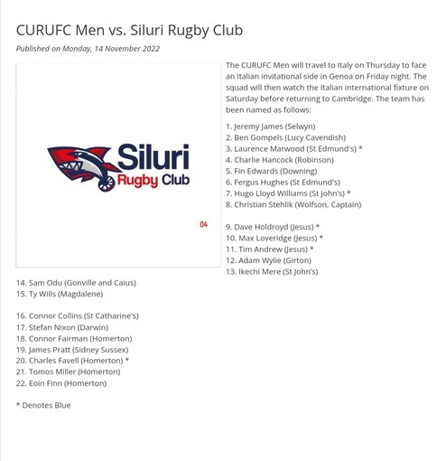 RUGBY  Siluri Rugby Club - partita Vs Cambridge University