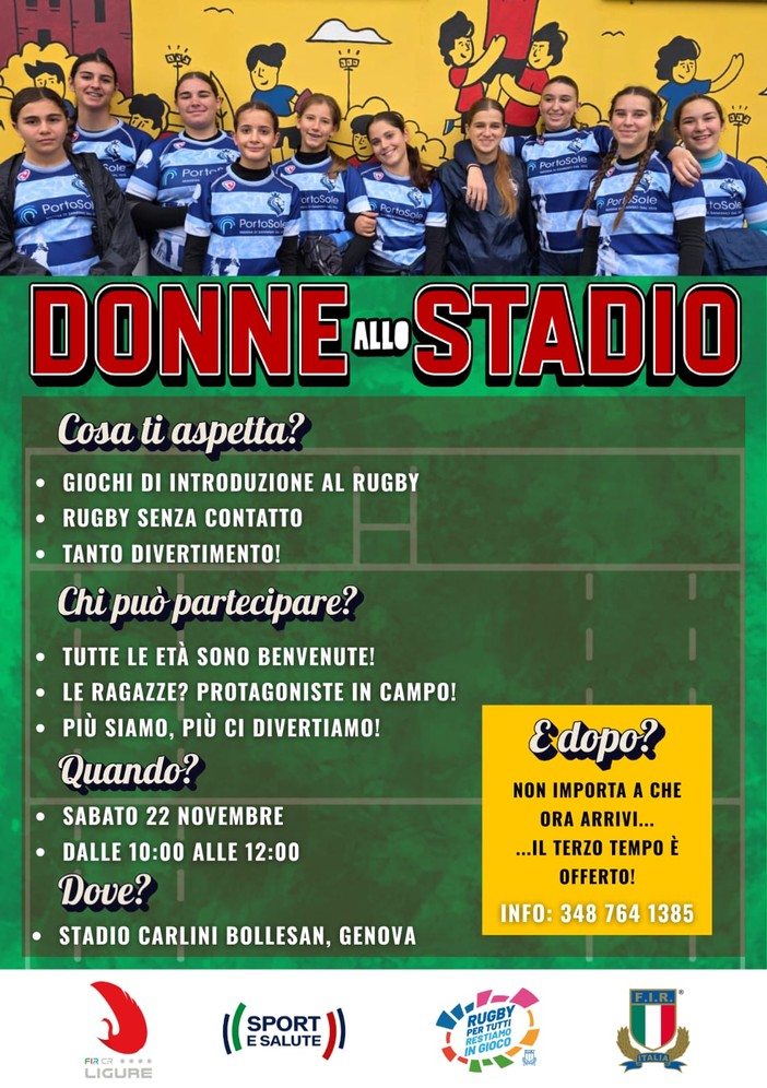 RUGBY &quot;Donne allo Stadio&quot;: sabato 22/11 allo stadio Carlini-Bollesan un appuntamento per tutte le ragazze