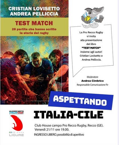 RUGBY - Presentazione del libro “TEST MATCH” a Recco venerdì 21 novembre