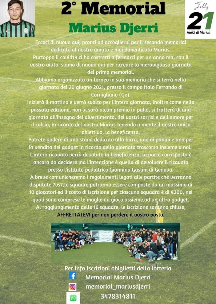 MEMORIAL MARIUS DJERRI Il 20 giugno a Cornigliano la seconda edizione