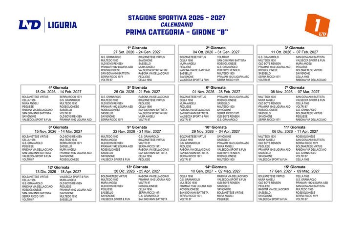 PRIMA CATEGORIA GIRONE B Ecco il calendario