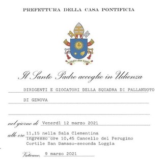 PALLANUOTO L’Iren Quinto questa mattina in udienza da Papa Francesco