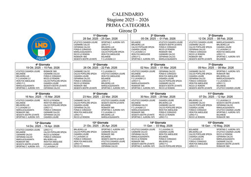 PRIMA CATEGORIA GIRONE D Il calendario