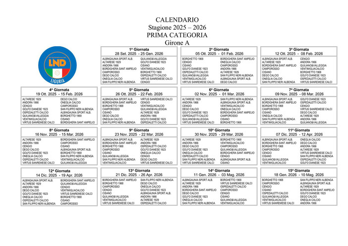 PRIMA CATEGORIA GIRONE A Il calendario