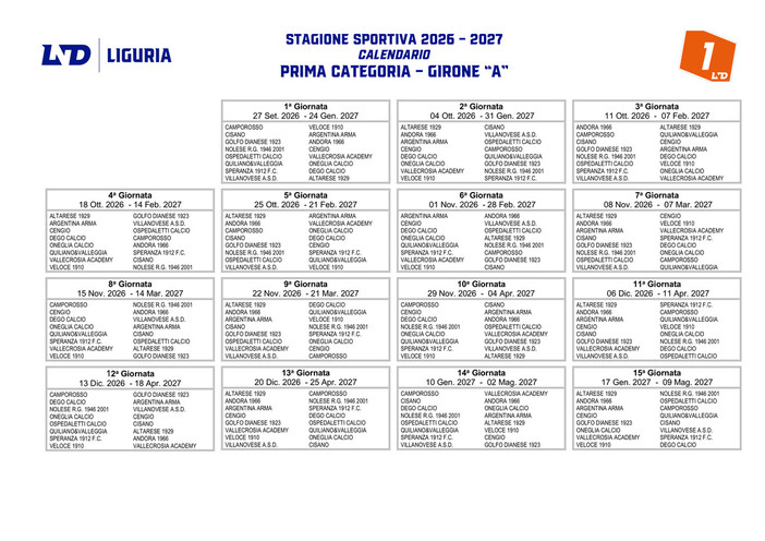 PRIMA CATEGORIA GIRONE A Ecco il calendario