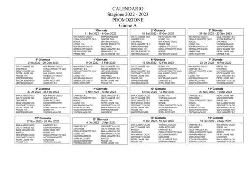 ATTENZIONE Nuovo calendario del Girone A di Promozione
