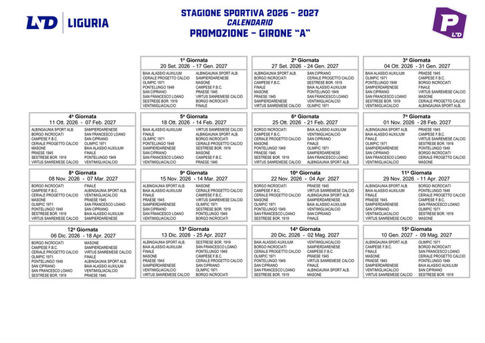 PROMOZIONE A Ecco il calendario
