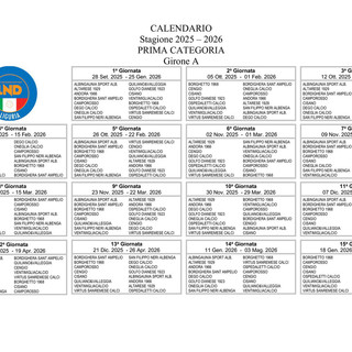 PRIMA CATEGORIA GIRONE A Il calendario