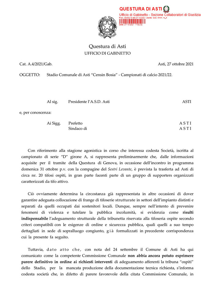 SESTRI LEVANTE Vietata ai tifosi la trasferta di Asti