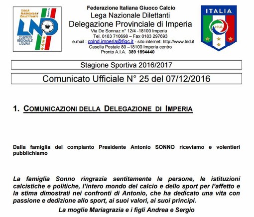 Antonio Sonno, i ringraziamenti della famiglia Antonio Sonno, i ringraziamenti della famiglia