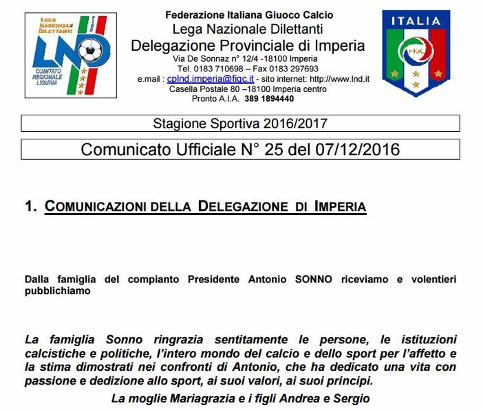 Antonio Sonno, i ringraziamenti della famiglia
