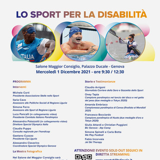 A Palazzo Ducale il forum &quot;Lo Sport per la disabilità&quot; con le stelle Bocciardo, Tapia ed Embriaco