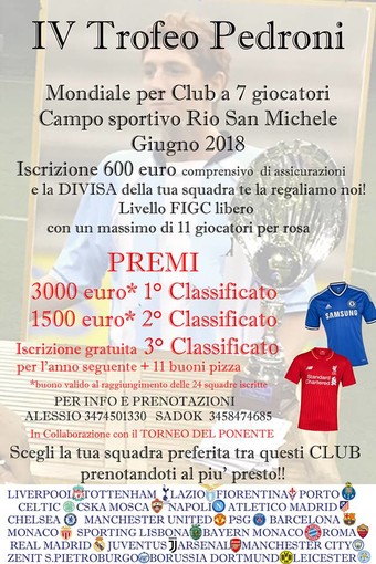 Trofeo Pedroni: a giugno il mondiale per club al Rio San Michele di Pegli