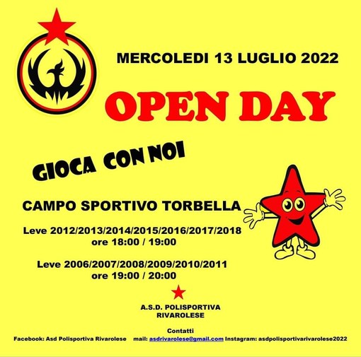ASD POLISPORTIVA RIVAROLESE Mercoledì 13 Luglio un'altra importante finestra dedicata agli Open Day