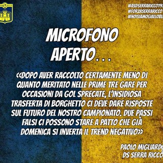 SERRA RICCO' | Il futuro dei gialloblù passa dall'insidiosa trasferta di Borghetto Santo Spirito, il ds Migliardo: &quot;Due passi falsi ci possono stare a patto che già domenica si inverta il trend negativo&quot;