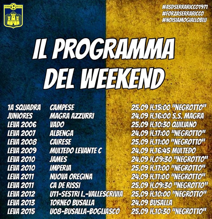 SERRA RICCO' | Il programma del weekend gialloblù