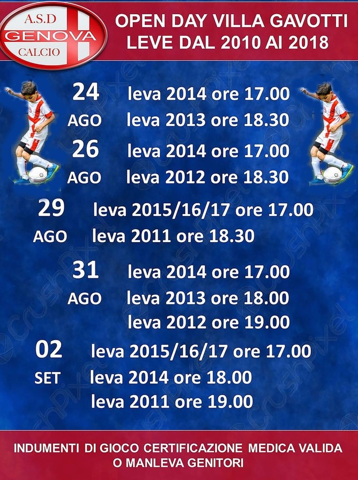 GENOVA CALCIO Open day Villa Gavotti per le leve dal 2010 al 2018