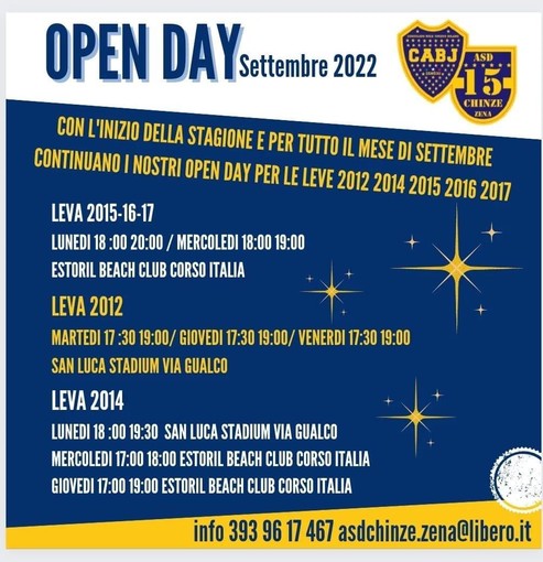 ASD CHINZE ZENA Gli open day previsti per il mese di settembre