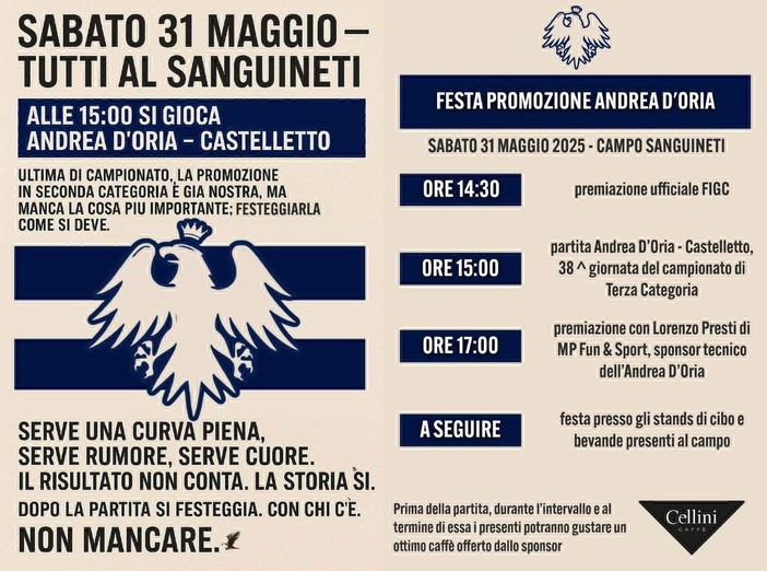 ANDREA D'ORIA Sabato 31 la grande festa della promozione