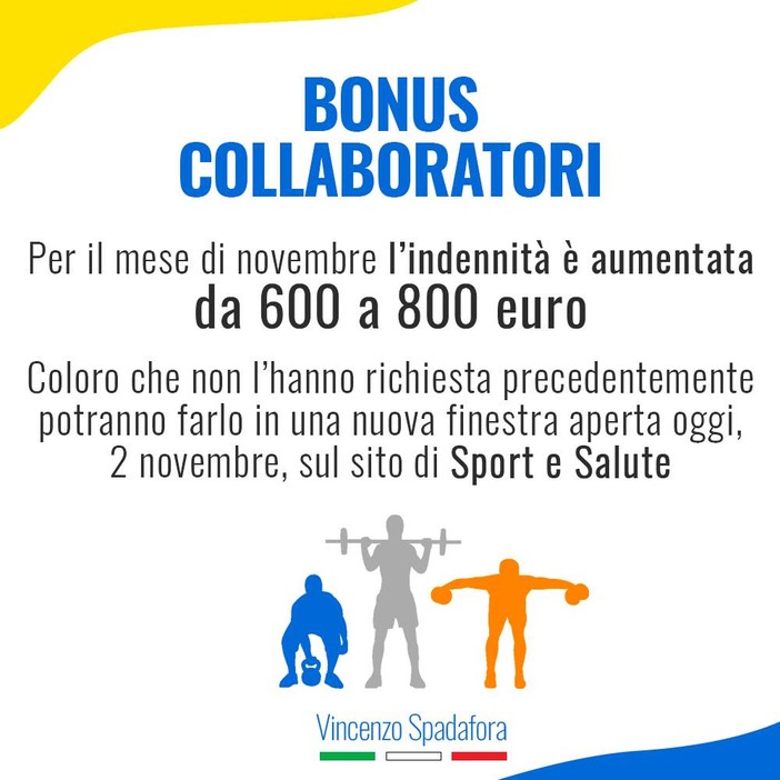 BONUS COLLABORATORI SPORTIVI 800 euro per l'indennità di novembre