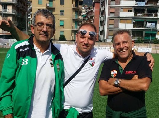 Il direttore tecnico dell'Olimpic Stefano Bricola qui con il team manager Lavoratorini e con mister Meligrana con il quale da anni forma una coppia affiatatissima