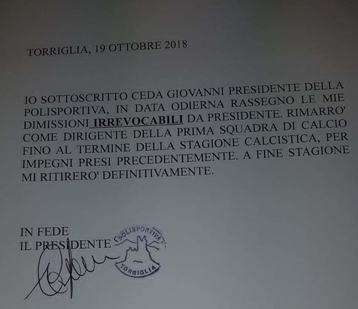 Torriglia, Ceda si dimette
