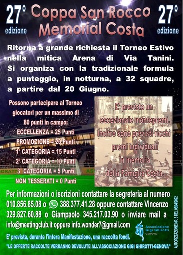 COPPA SAN ROCCO/MEMORIAL COSTA In arrivo la 27^ edizione