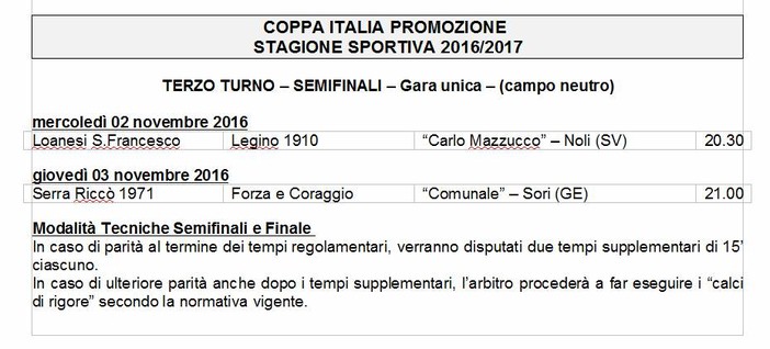Coppa Italia Promozione, ecco le date delle semifinali