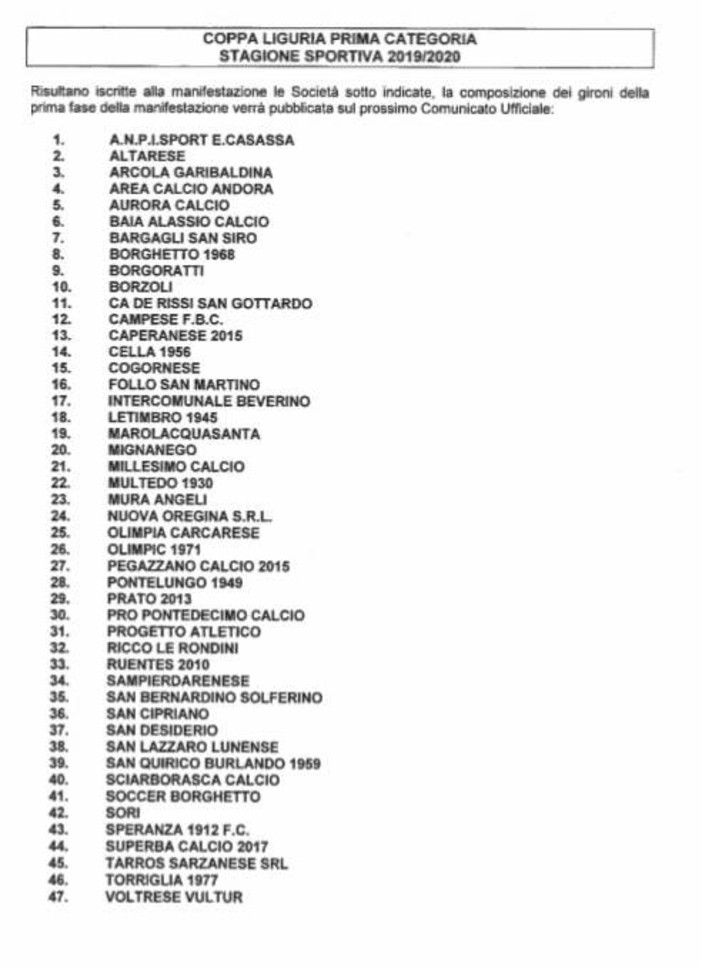 COPPA LIGURIA PRIMA CATEGORIA Sono 47 le società iscritte