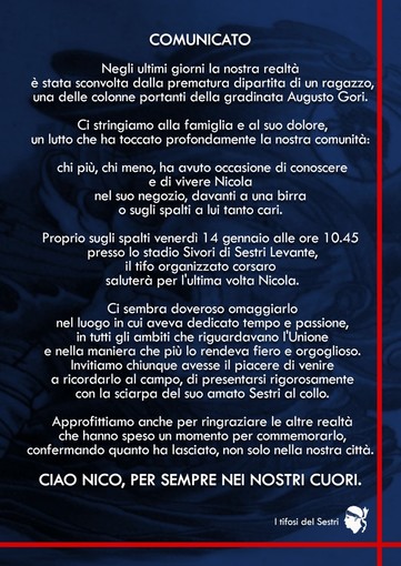 I TIFOSI DEL SESTRI LEVANTE RICORDANO NICOLA CARANZA