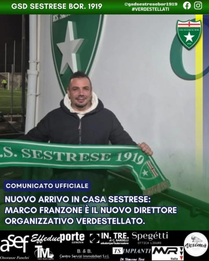 SESTRESE Marco Franzone è il nuovo direttore organizzativo