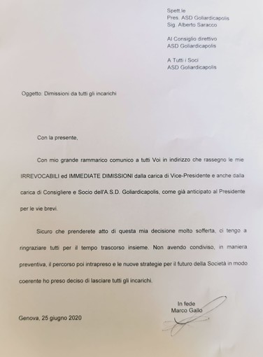 GOLIARDICA Ufficiali le dimissioni di Marco Gallo
