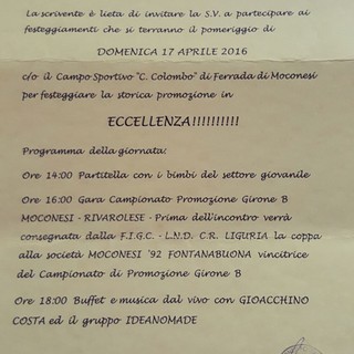 La locandina della festa del Moconesi, in programma domenica prossima dalle ore 14 in poi