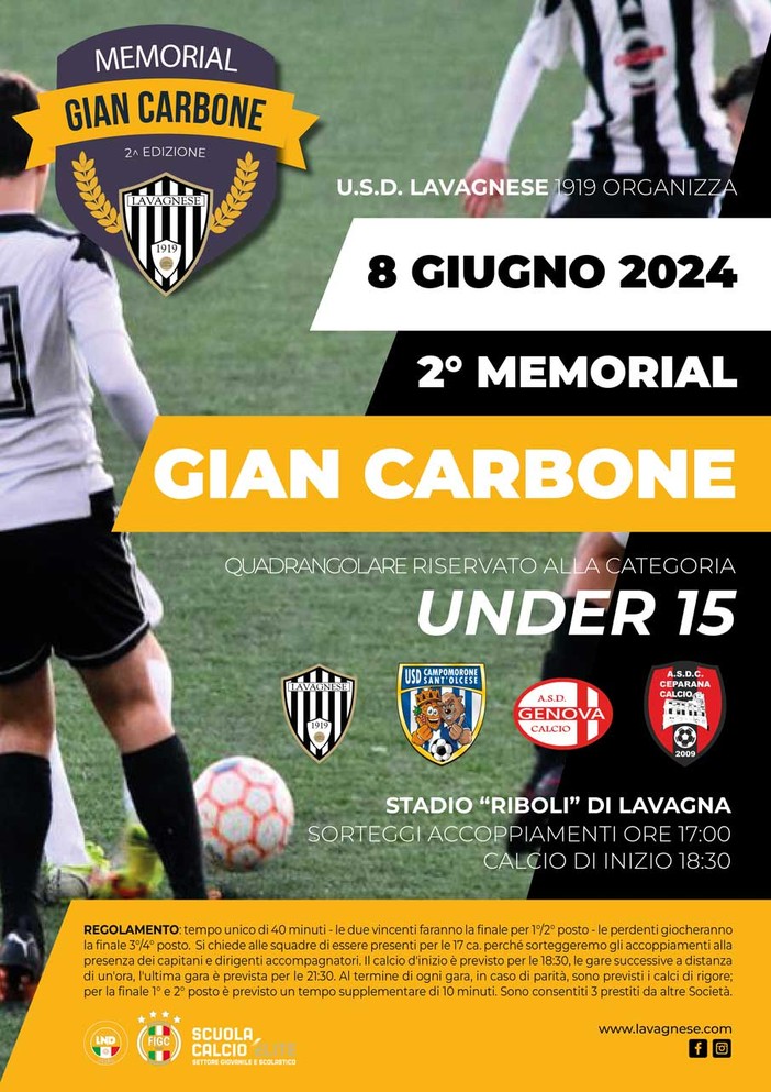 LAVAGNESE Memorial "Gian Carbone" - Sabato 8 Giugno la seconda edizione al "Riboli" LAVAGNESE Memorial "Gian Carbone" - Sabato 8 Giugno la seconda edizione al "Riboli"