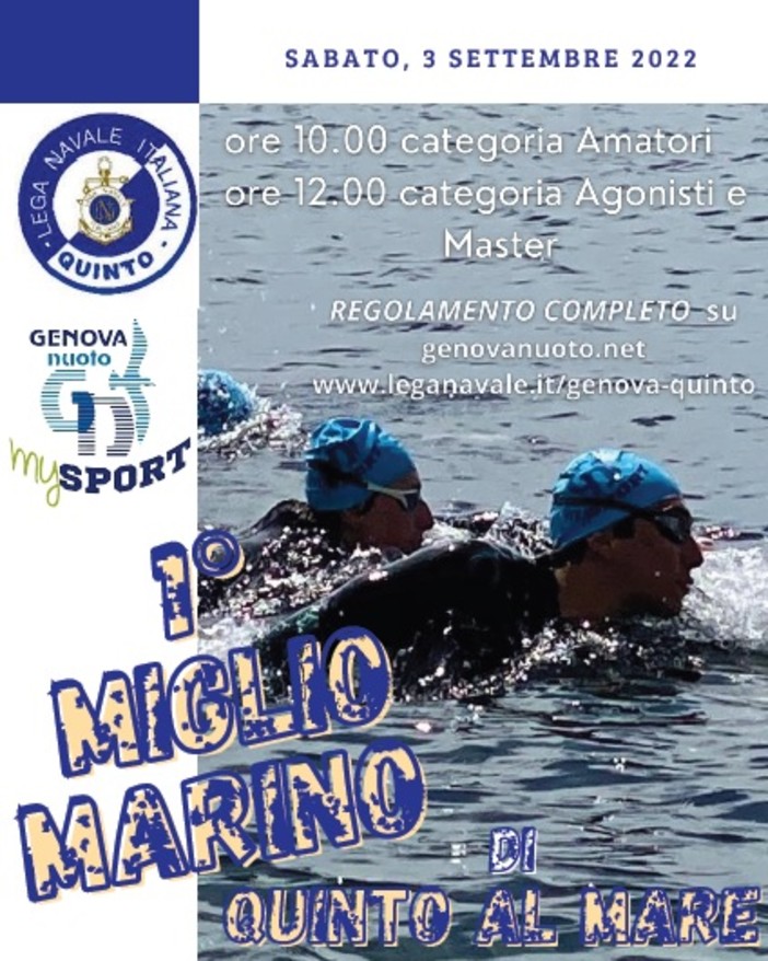 NUOTO Sabato 3 settembre il primo Miglio Marino di Quinto al Mare