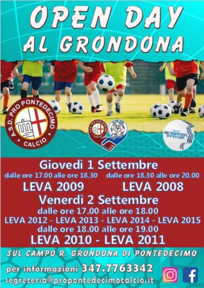 PRO PONTEDECIMO Giovedi 1 e venerdi 2 settembre gli OPEN DAY al Grondona