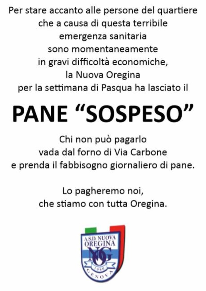 NUOVA OREGINA Una bella idea per tutto il quartiere: &quot;PANE SOSPESO&quot;