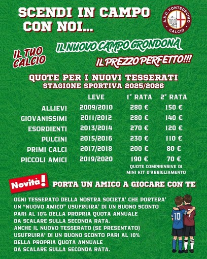 PONTEDECIMO Le quote per i nuovi tesserati