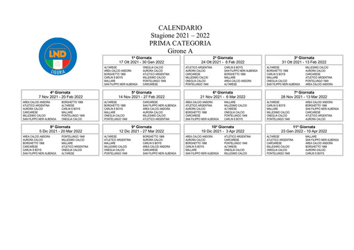 PRIMA CATEGORIA Ecco tutti i calendari