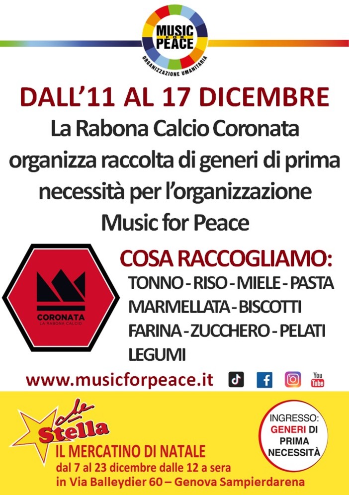 LA RABONA CORONATA organizza una raccolta di generi di prima necessità per Music for Peace