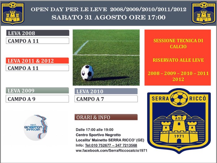 SERRA RICCO' Open Day il 31 agosto